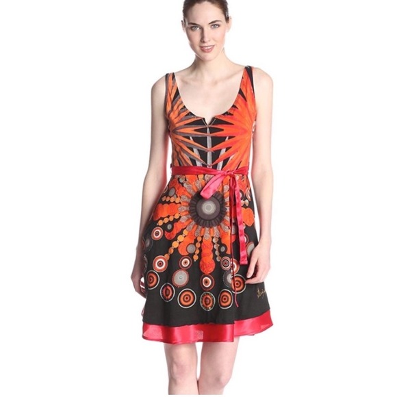 Desigual Dresses & Skirts - Desigual Geometric Studded A-Line Dress Orange Red Black Sleeveless tie M